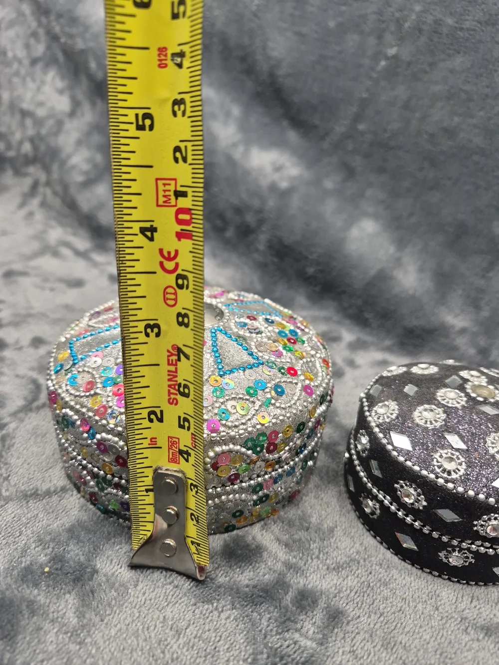 Vintage Style Beaded Nesting Metal Trinket Jewelry Boxes Black Multicolor  2 Pcs